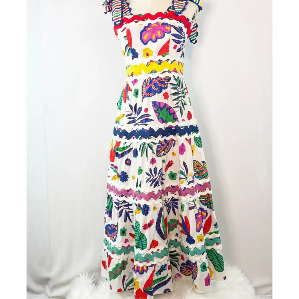 Celia B | Jade Dress | tropical floral print tiered maxi skirt trim | Sz S - Picture 2 of 14